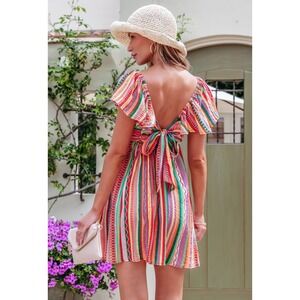 Cupshe Women XL NWT Striped Smocked Mini Dress Flutter Sleeve Tie Back